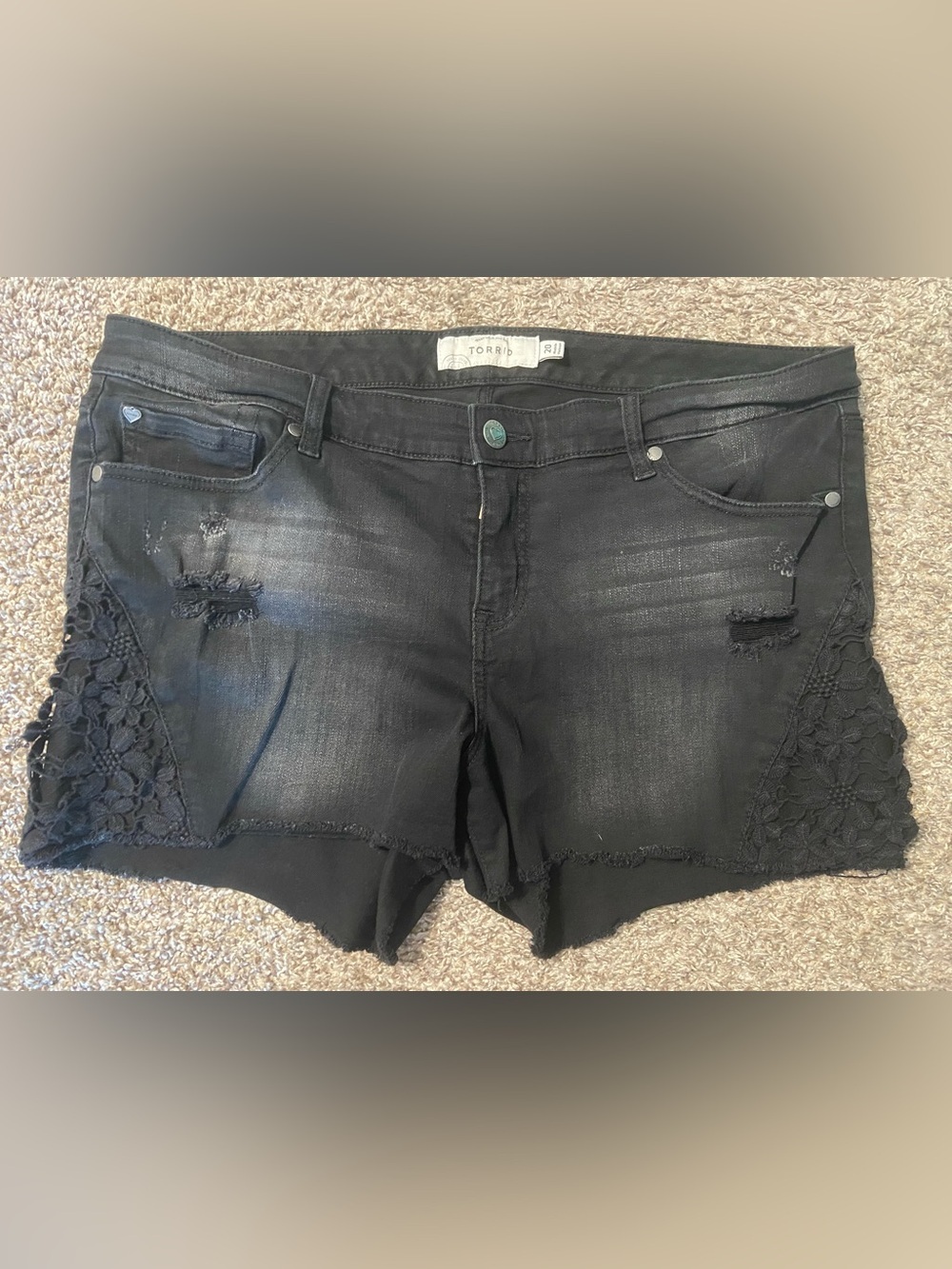 TORRID Women’s 20 Black Distressed Crochet-Trim Denim Shorts